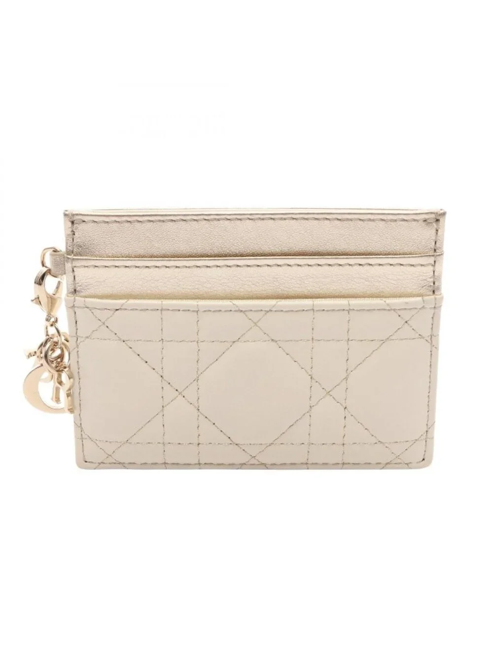 Dior Card Case Lady Dior Cannage Ivory Champagne Gold Leather Holder